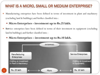  Manufacturing enterprises have been defined in terms of investment in plant and machinery
(excluding land & buildings) and further classified into :
 Micro Enterprises - investment up to Rs.25 lakh.
 Service enterprises have been defined in terms of their investment in equipment (excluding
land & buildings) and further classified into: -
 Micro Enterprises – investment up to Rs.10 lakh.
5
 