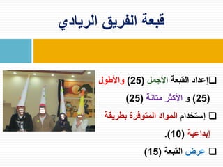 ‫الريادي‬ ‫الفريق‬ ‫قبعة‬
‫القبعة‬ ‫إعداد‬‫األجمل‬(25)‫واألطول‬
(25)‫و‬‫متانة‬ ‫األكثر‬(25)
‫إستخدام‬‫بطريقة‬ ‫المتوفرة‬ ‫المواد‬
‫إبداعية‬(10.)
‫عرض‬‫القبعة‬(15)
 