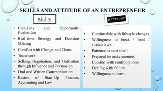 SKILLS AND ATTITUDE OF AN ENTREPRENEUR
• Creativity and Opportunity
Evaluation
• Real-time Strategy and Decision
Making
• Comfort with Change and Chaos
• Teamwork
• Selling, Negotiation, and Motivation
through Influence and Persuasion
• Oral and Written Communication
• Basics of Start-Up Finance,
Accounting and Law
• Comfortable with lifestyle changes
• Willingness to break / bend /
stretch laws
• Patience to start small
• Prepared to make enemies
• Comfort with confrontations
• Dealing with failure
• Willingness to learn
 