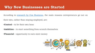 Why New Businesses are Started
According to research by Cox Business, the main reasons entrepreneurs go out on
their own, rather than staying employed, are:
•Control – to be their own boss
•Ambition – to start something from scratch themselves
•Financial – opportunity to earn more money
 