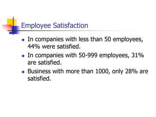 Employee Satisfaction
 In companies with less than 50 employees,
44% were satisfied.
 In companies with 50-999 employees, 31%
are satisfied.
 Business with more than 1000, only 28% are
satisfied.
 