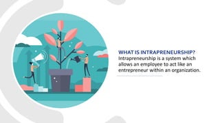 WHAT IS INTRAPRENEURSHIP?
Intrapreneurship is a system which
allows an employee to act like an
entrepreneur within an organization.
 