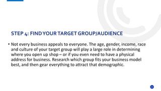 24
• Not every business appeals to everyone. The age, gender, income, race
and culture of your target group will play a large role in determining
where you open up shop – or if you even need to have a physical
address for business. Research which group fits your business model
best, and then gear everything to attract that demographic.
STEP 4: FINDYOURTARGETGROUP/AUDIENCE
 