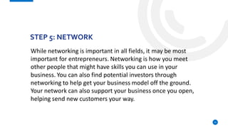 STEP 5: NETWORK
While networking is important in all fields, it may be most
important for entrepreneurs. Networking is how you meet
other people that might have skills you can use in your
business. You can also find potential investors through
networking to help get your business model off the ground.
Your network can also support your business once you open,
helping send new customers your way.
25
 