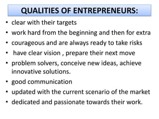 QUALITIES OF ENTREPRENEURS:
• clear with their targets
• work hard from the beginning and then for extra
• courageous and are always ready to take risks
• have clear vision , prepare their next move
• problem solvers, conceive new ideas, achieve
innovative solutions.
• good communication
• updated with the current scenario of the market
• dedicated and passionate towards their work.
 