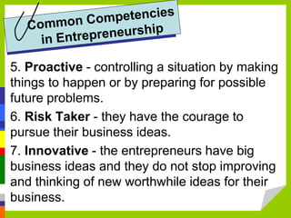 5. Proactive - controlling a situation by making
things to happen or by preparing for possible
future problems.
6. Risk Taker - they have the courage to
pursue their business ideas.
7. Innovative - the entrepreneurs have big
business ideas and they do not stop improving
and thinking of new worthwhile ideas for their
business.
 