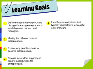Define the term entrepreneur and
distinguish among entrepreneurs,
small-business owners, and
managers.
Identify the different types of
entrepreneurs.
Explain why people choose to
become entrepreneurs.
Discuss factors that support and
expand opportunities for
entrepreneurs.
Identify personality traits that
typically characterize successful
entrepreneurs.
1
2
3
4
5
 