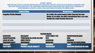 ACTIVITY: CASELET
READ THE CASE STUDY OF A FILIPINA, WHO BECAME RICH, SUCCESSFUL, AND WELL RESPECTED IN THE WORLD OF BUSINESS. READ
HER STORY CAREFULLY AND PICK UP THE TRADITIONAL PHILIPPINE VALUES GIVEN BELOW THAT SHOWN TO BE A FAVORABLE TO
ENTREPRENEURIAL ACTIVITIES. CREATE A TABLE AND ANSWER FOLLOWING THE FORMAT GIVEN.
Cultural Value Manifestation
Frugality/Thrifty/Matipid As a child, she saved money rather than buy her new
things; as an adult, she didn’t immediately buy a car even
though she could already afford one
FILIPINO VALUES
KATAPATAN MALASAKIT CLOSE FAMILY TIES PAKIKIPAGSAPALARAN
PAKIKIPAGKAPWA TUMATANAW NG UTANG NA LOOB HIYA AWA
LAKAS NG LOOB AMOR PROPIO BAYANIHAN MAAWAIN
PAGKAMALASAKIT MAUNAWAIN MAGALANG PAGPUNO NG KAKULANGAN
PAGDAMAY SAMAHAN PAGDAMAY SIPAG
PAGTITIMPI PROMOTE SOCIAL MOBILITY PAKIKIBAGAY MADALING MAKAGAAN NG LOOB
 