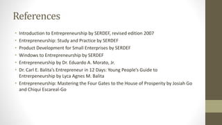 References
• Introduction to Entrepreneurship by SERDEF, revised edition 2007
• Entrepreneurship: Study and Practice by SERDEF
• Product Development for Small Enterprises by SERDEF
• Windows to Entrepreneurship by SERDEF
• Entrepreneurship by Dr. Eduardo A. Morato, Jr.
• Dr. Carl E. Balita’s Entrepreneur in 12 Days: Young People’s Guide to
Entrerpeneurship by Lyca Agnes M. Balita
• Entrepreneurship: Mastering the Four Gates to the House of Prosperity by Josiah Go
and Chiqui Escareal-Go
 