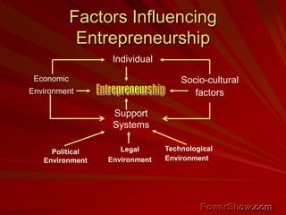 Factors Influencing
Entrepreneurship
Individual
Economic
Environment
Socio-cultural
factors
Support
Systems
Political
Environment
Legal
Environment
Technological
Environment
 