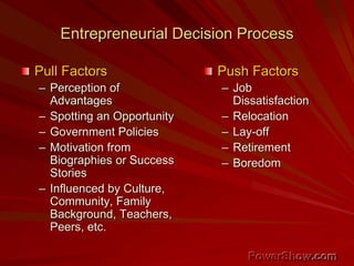 Entrepreneurial Decision Process
Pull Factors
– Perception of
Advantages
– Spotting an Opportunity
– Government Policies
– Motivation from
Biographies or Success
Stories
– Influenced by Culture,
Community, Family
Background, Teachers,
Peers, etc.
Push Factors
– Job
Dissatisfaction
– Relocation
– Lay-off
– Retirement
– Boredom
 