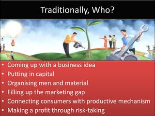 Traditionally, Who?
• Coming up with a business idea
• Putting in capital
• Organising men and material
• Filling up the marketing gap
• Connecting consumers with productive mechanism
• Making a profit through risk-taking
 