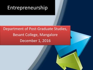 Entrepreneurship
Department of Post-Graduate Studies,
Besant College, Mangalore
December 1, 2016
 
