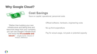 Why Google Cloud?
Offload software, hardware, engineering costs
No up-front expenditure
Pay for actual usage, not peak or potential capacity
Cost Savings
Save on capital, operational, personnel costs
"Rather than building your own
infrastructure and taking time and
resources away from your company,
you can use Google’s infrastructure
and know that it’s scalable and
secure.” – Brigitte Ganter, Director of
Product, DNAnexus
 