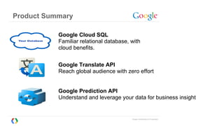 Google Confidential and Proprietary
Product Summary
Google Cloud SQL
Familiar relational database, with
cloud benefits.
Google Translate API
Reach global audience with zero effort
Google Prediction API
Understand and leverage your data for business insight
 