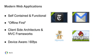 Modern Web Applications
● Self Contained & Functional
● "Offline First"
● Client Side Architecture &
MVC Frameworks
● Device Aware / 60fps
#io12
 