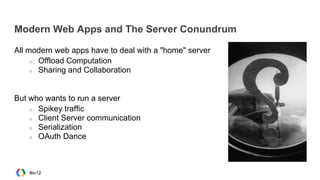 Modern Web Apps and The Server Conundrum
All modern web apps have to deal with a "home" server
○ Offload Computation
○ Sharing and Collaboration
But who wants to run a server
○ Spikey traffic
○ Client Server communication
○ Serialization
○ OAuth Dance
#io12
 