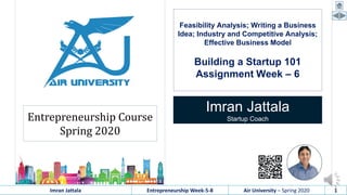 Imran Jattala Entrepreneurship Week-5-8 Air University – Spring 2020 1
Feasibility Analysis; Writing a Business
Idea; Industry and Competitive Analysis;
Effective Business Model
Building a Startup 101
Assignment Week – 6
Imran Jattala
Startup CoachEntrepreneurship Course
Spring 2020
 