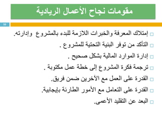 ‫الريادية‬ ‫األعمال‬ ‫نجاح‬ ‫مقومات‬
‫إمتالك‬‫المعرفة‬‫والخبرات‬‫الالزمة‬‫للبدء‬‫بالمشروع‬‫وإدارته‬.
‫التأكد‬‫من‬‫توفر‬‫البنية‬‫التحتية‬‫للمشروع‬.
‫إدارة‬‫الموارد‬‫المالية‬‫بشكل‬‫صحيح‬.
‫ترجمة‬‫فكرة‬‫المشروع‬‫إلى‬‫خطة‬‫عمل‬‫مكتوبة‬.
‫القدرة‬‫على‬‫العمل‬‫مع‬‫اآلخرين‬‫ضمن‬‫فريق‬.
‫القدرة‬‫على‬‫التعامل‬‫مع‬‫األمور‬‫الطارئة‬‫بإيجابية‬.
‫البعد‬‫عن‬‫التقليد‬‫األعمى‬.
25
 