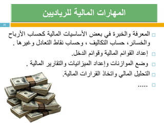 ‫المعرفة‬‫والخبرة‬‫في‬‫بعض‬‫األساسيات‬‫المالية‬‫كحساب‬‫األرباح‬
،‫والخسائر‬‫حساب‬‫التكاليف‬،‫وحساب‬‫نقاط‬‫التعادل‬‫وغيرها‬.
‫إعداد‬‫القوائم‬‫المالية‬‫وقوائم‬‫الدخل‬.
‫وضع‬‫الموازنات‬‫وإعداد‬‫الميزانيات‬‫والتقارير‬‫المالية‬.
‫التحليل‬‫المالي‬‫واتخاذ‬‫القرارات‬‫المالية‬.
.....
31
 