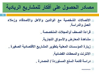 ‫االتصاالت‬‫الشخصية‬‫مع‬‫الوالدين‬‫واألهل‬‫واألصدقاء‬‫وزمالء‬
‫العمل‬‫والدراسة‬.
‫قراءة‬‫الصحف‬‫أوالمجالت‬‫المتخصصة‬.
‫مشاهدة‬‫المعارض‬‫واألسواق‬‫التجارية‬.
‫زيارة‬‫المؤسسات‬‫المعنية‬‫بتطوير‬‫المشاريع‬‫االقتصادية‬‫الصغيرة‬.
‫االنترنت‬‫والمحطات‬‫الفضائية‬.
‫دراسة‬‫قائمة‬‫السلع‬‫المستوردة‬/‫المصدرة‬.
........
36
 