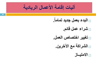 ‫األعمال‬ ‫إقامة‬ ‫آليات‬‫الريادية‬
‫البدء‬‫بعمل‬‫جديد‬‫تماما‬.
‫شراء‬‫عمل‬‫قائم‬.
‫تغيير‬‫اختصاص‬‫العمل‬.
‫الشراكة‬‫مع‬‫اآلخرين‬.
‫االمتيــاز‬
39
 