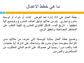 ‫األعمال‬ ‫خطط‬ ‫هي‬ ‫ما‬
‫خطة‬‫العمل‬‫هي‬‫أداة‬‫إدارة‬‫تعد‬‫لغرض‬‫إنشاء‬‫أو‬‫شراء‬‫أو‬‫توسعة‬
‫مشروع‬‫تجاري‬.‫يتم‬‫من‬‫خاللها‬‫توثيق‬‫أهداف‬‫المشروع‬‫وتوضيح‬‫آلية‬
‫تحقيقها‬-‫تاريخ‬،‫البدء‬‫الشكل‬‫القانوني‬،‫للمشروع‬‫كيفية‬‫التغلب‬‫على‬
‫المخاطر‬،‫المصاحبة‬‫وتحقيق‬‫الربح‬.
‫وتصبح‬‫خطة‬‫العمل‬‫بمثابة‬‫البوصلة‬‫التي‬‫تعرف‬‫من‬‫خاللها‬‫مدى‬
‫التزامك‬‫بمقومات‬‫نجاح‬‫مشروعك‬‫وتساعدك‬‫على‬‫تدارك‬‫أية‬‫مفاجآت‬.
‫كما‬‫وتلعب‬‫دورا‬‫رئيسيا‬‫في‬‫حصولك‬‫على‬‫الدعم‬‫المالي‬‫المطلوب‬‫من‬
‫المستثمرين‬‫والموردين‬.
57
 