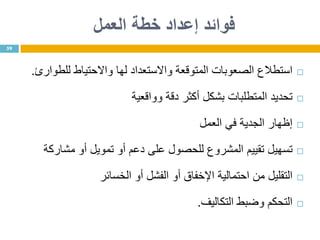 ‫خطة‬ ‫إعداد‬ ‫فوائد‬‫العمل‬
‫استطالع‬‫الصعوبات‬‫المتوقعة‬‫واالستعداد‬‫لها‬‫واالحتياط‬‫للطوارئ‬.
‫تحديد‬‫المتطلبات‬‫بشكل‬‫أكثر‬‫دقة‬‫وواقعية‬
‫إظهار‬‫الجدية‬‫في‬‫العمل‬
‫تسهيل‬‫تقييم‬‫المشروع‬‫للحصول‬‫على‬‫دعم‬‫أو‬‫تمويل‬‫أو‬‫مشاركة‬
‫التقليل‬‫من‬‫احتمالية‬‫اإلخفاق‬‫أو‬‫الفشل‬‫أو‬‫الخسائر‬
‫التحكم‬‫وضبط‬‫التكاليف‬.
59
 