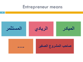 Entrepreneur means
6
‫المستثمر‬ ‫الريادي‬ ‫المبادر‬
…. ‫الصغير‬ ‫المشروع‬ ‫صاحب‬
 