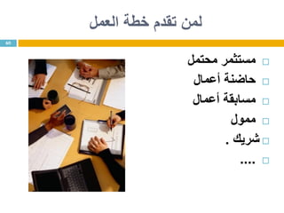 ‫العمل‬ ‫خطة‬ ‫تقدم‬ ‫لمن‬
‫مستثمر‬‫محتمل‬
‫حاضنة‬‫أعمال‬
‫مسابقة‬‫أعمال‬
‫ممول‬
‫شريك‬.
....
60
 