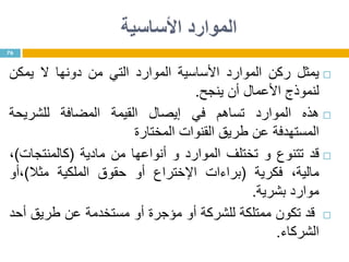 ‫األساسية‬ ‫الموارد‬
‫يمثل‬‫ركن‬‫الموارد‬‫األساسية‬‫الموارد‬‫التي‬‫من‬‫دونها‬‫ال‬‫يمكن‬
‫لنموذج‬‫األعمال‬‫أن‬‫ينجح‬.
‫هذه‬‫الموارد‬‫تساهم‬‫في‬‫إيصال‬‫القيمة‬‫المضافة‬‫للشريحة‬
‫المستهدفة‬‫عن‬‫طريق‬‫القنوات‬‫المختارة‬
‫قد‬‫تتنوع‬‫و‬‫تختلف‬‫الموارد‬‫و‬‫أنواعها‬‫من‬‫مادية‬(‫كالمنتجات‬)،
،‫مالية‬‫فكرية‬(‫براءات‬‫اإلختراع‬‫أو‬‫حقوق‬‫الملكية‬‫مثال‬)‫،أو‬
‫موارد‬‫بشرية‬.
‫قد‬‫تكون‬‫ممتلكة‬‫للشركة‬‫أو‬‫مؤجرة‬‫أو‬‫مستخدمة‬‫عن‬‫طريق‬‫أحد‬
‫الشركاء‬.
76
 