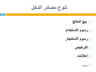 ‫مصادر‬ ‫تنوع‬‫الدخل‬
‫المنتج‬ ‫بيع‬
‫االستخدام‬ ‫رسوم‬
‫االستئجار‬ ‫رسوم‬
‫الترخيص‬
‫إعالنات‬
.....
79
 