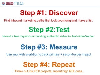 Step #1: Discover<br />Find inbound marketing paths that look promising and make a list.<br />Step #2:Test<br />Invest a f...