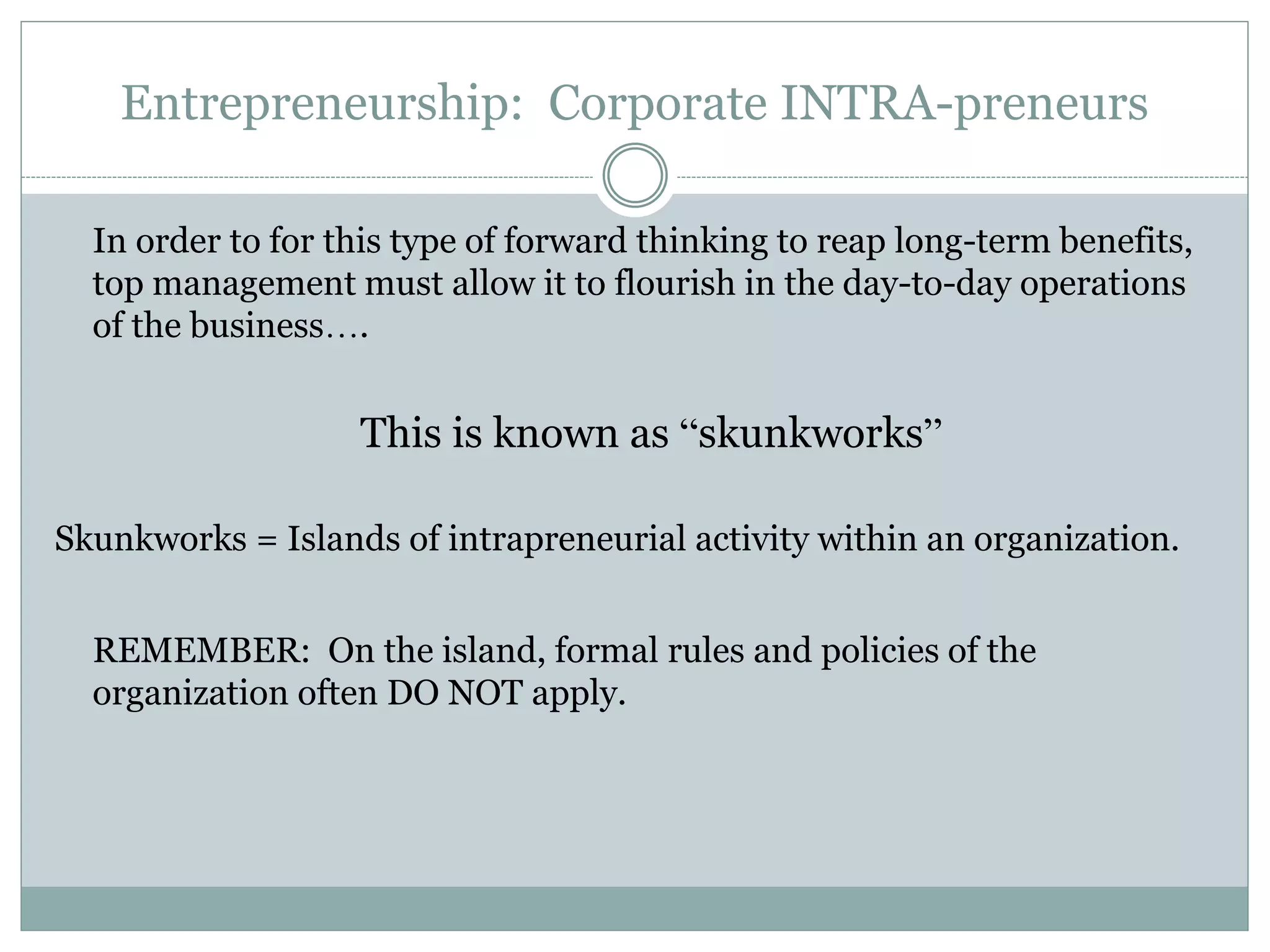 Entrepreneurship: Corporate INTRA-preneurs
In order to for this type of forward thinking to reap long-term benefits,
top management must allow it to flourish in the day-to-day operations
of the business….
This is known as “skunkworks”
Skunkworks = Islands of intrapreneurial activity within an organization.
REMEMBER: On the island, formal rules and policies of the
organization often DO NOT apply.
 