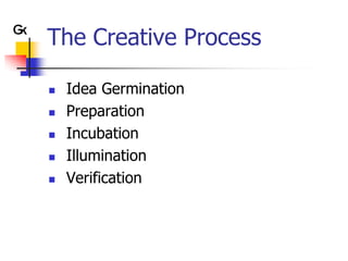 The Creative Process

   Idea Germination
   Preparation
   Incubation
   Illumination
   Verification
 