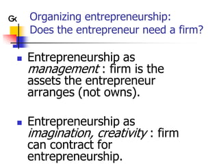 Organizing entrepreneurship:
    Does the entrepreneur need a firm?

   Entrepreneurship as
    management : firm is the
    assets the entrepreneur
    arranges (not owns).

   Entrepreneurship as
    imagination, creativity : firm
    can contract for
    entrepreneurship.
 