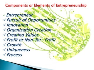 Components or Elements of Entrepreneurship
 Entrepreneur
Pursuit of Opportunities
Innovation
Organisation Creation
Creating Values
Profit or Non-for- Profit
Growth
Uniqueness
Process
 