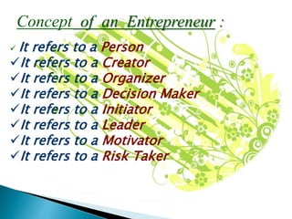 Concept of an Entrepreneur :
 It refers to a Person
It refers to a Creator
It refers to a Organizer
It refers to a Decision Maker
It refers to a Initiator
It refers to a Leader
It refers to a Motivator
It refers to a Risk Taker
 