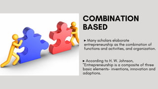 COMBINATION
BASED
▸ Many scholars elaborate
entrepreneurship as the combination of
functions and activities, and organization.
▸ According to H. W. Johnson,
"Entrepreneurship is a composite of three
basic elements- inventions, innovation and
adaptions.
 