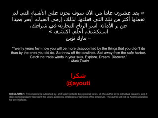 ‫« بعد عشرون عاما من اآلن سوف تحزن على األشياء التي لم‬
  ‫تفعلها أكثر من تلك التي فعلتها. لذلك، إرمي الحبال، أبحر بعيدا‬
          ،‫عن بر األمان، آسر الرياح التجارية في شراعك‬
                    » ‫استكشف. احلم. اكتشف‬
                           ‫– مارك توين‬
  “Twenty years from now you will be more disappointed by the things that you didn’t do
 than by the ones you did do. So throw off the bowlines. Sail away from the safe harbor.
             Catch the trade winds in your sails. Explore. Dream. Discover.”
                                      – Mark Twain



                                                       ‫شكرا‬
                                                      @ayouti
DISCLAIMER: This material is published by, and solely reflects the personal views of, the author in his individual capacity, and it
does not necessarily represent the views, positions, strategies or opinions of his employer. The author will not be held responsible
for any misfacts.
 
