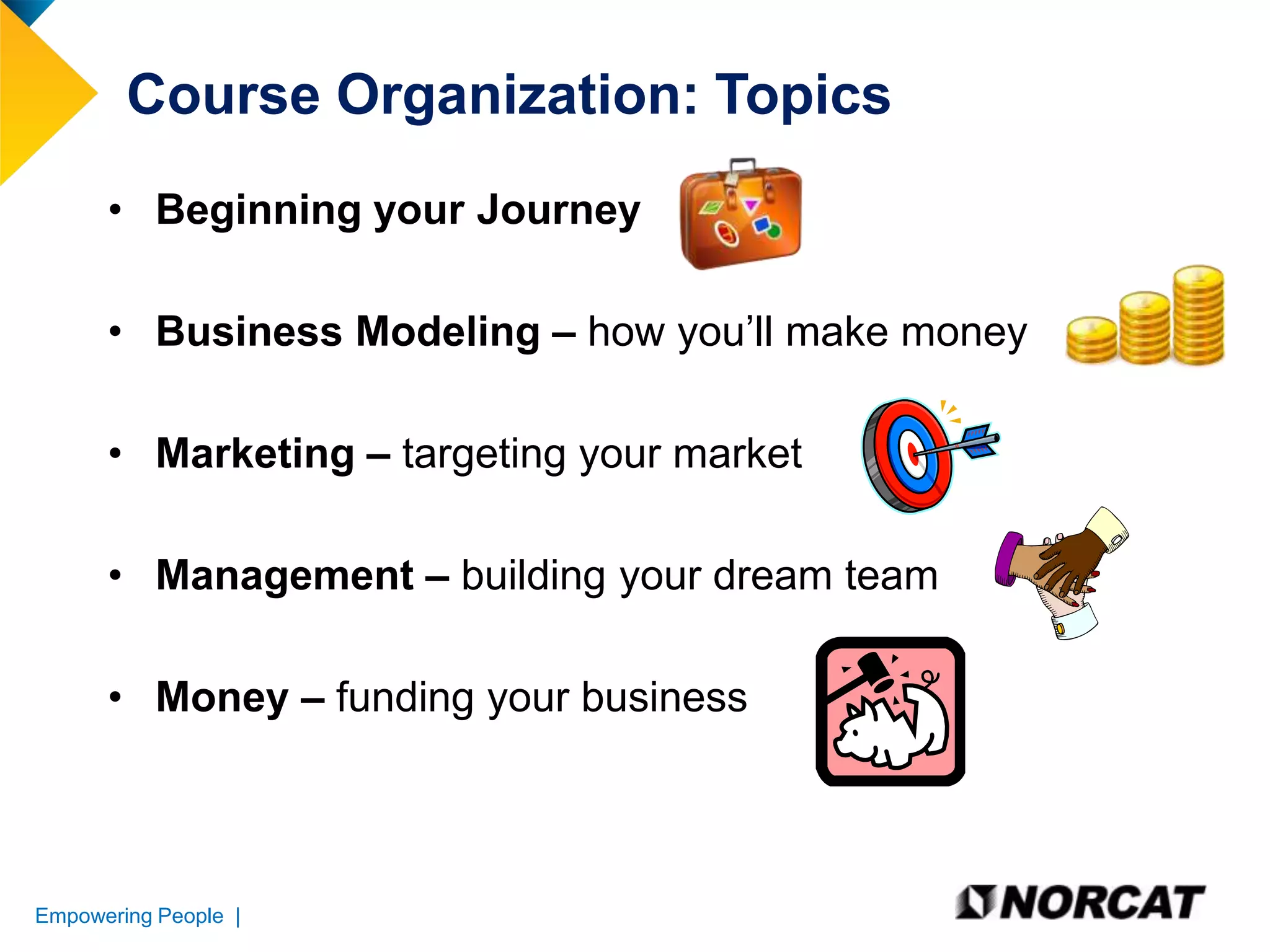 Course Organization: Topics
• Beginning your Journey
• Business Modeling – how you’ll make money
• Marketing – targeting your market
• Management – building your dream team
• Money – funding your business

Empowering People |

 