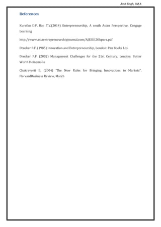 Amit Singh, IIM A
References
Kuratko D.F, Rao T.V.(2014) Entrepreneurship, A south Asian Perspective, Cengage
Learning
http://www.asiaentrepreneurshipjournal.com/AJESIII2Okpara.pdf
Drucker P.F. (1985) Innovation and Entrepreneurship, London: Pan Books Ltd.
Drucker P.F. (2002) Management Challenges for the 21st Century. London: Butter
Worth Heinemann
Chakravorti B. (2004) ‘The New Rules for Bringing Innovations to Markets”.
HarvardBusiness Review, March
 