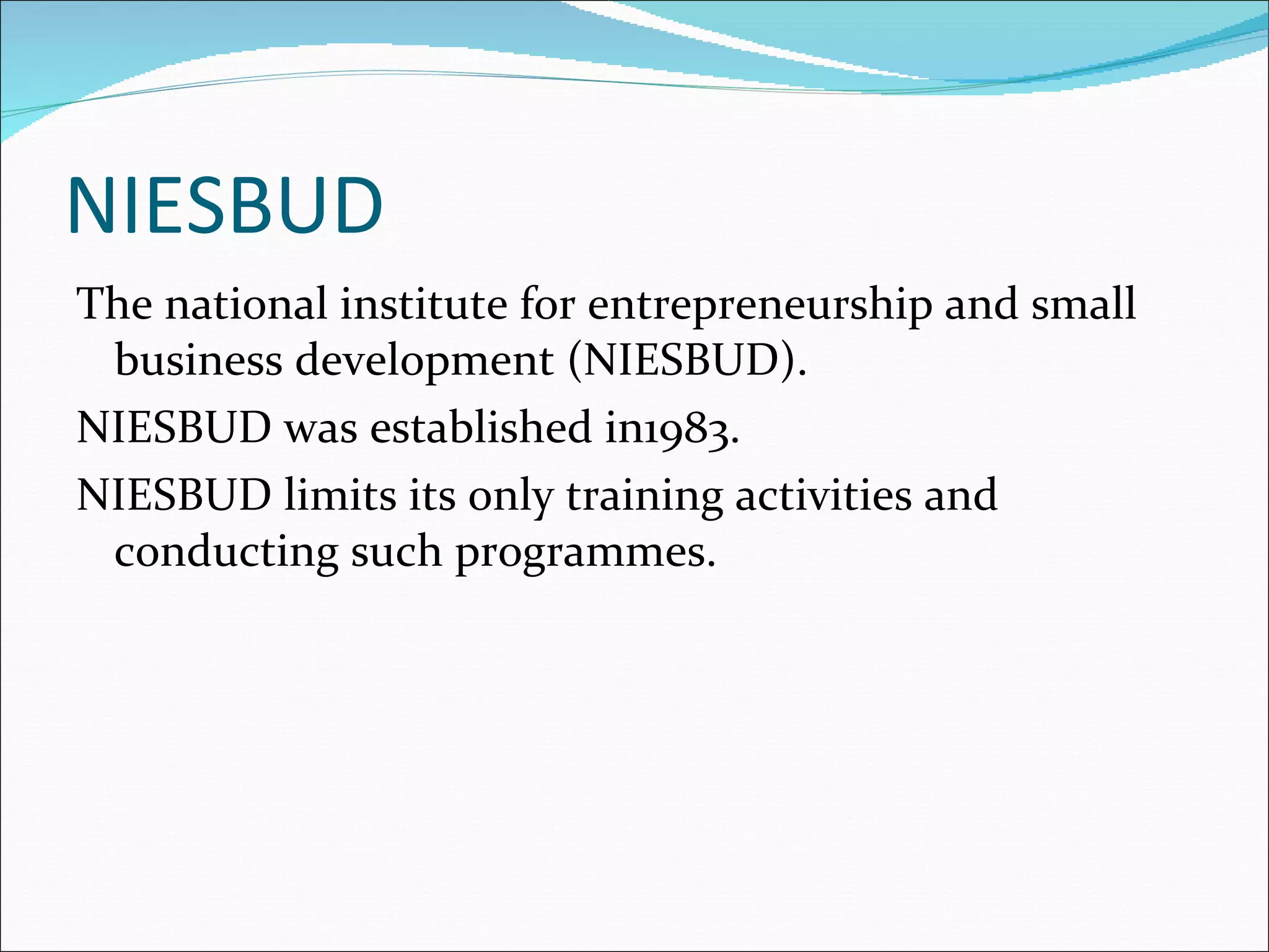 NIESBUD The national institute for entrepreneurship and small business development (NIESBUD). NIESBUD was established in1983. NIESBUD limits its only training activities and conducting such programmes. 