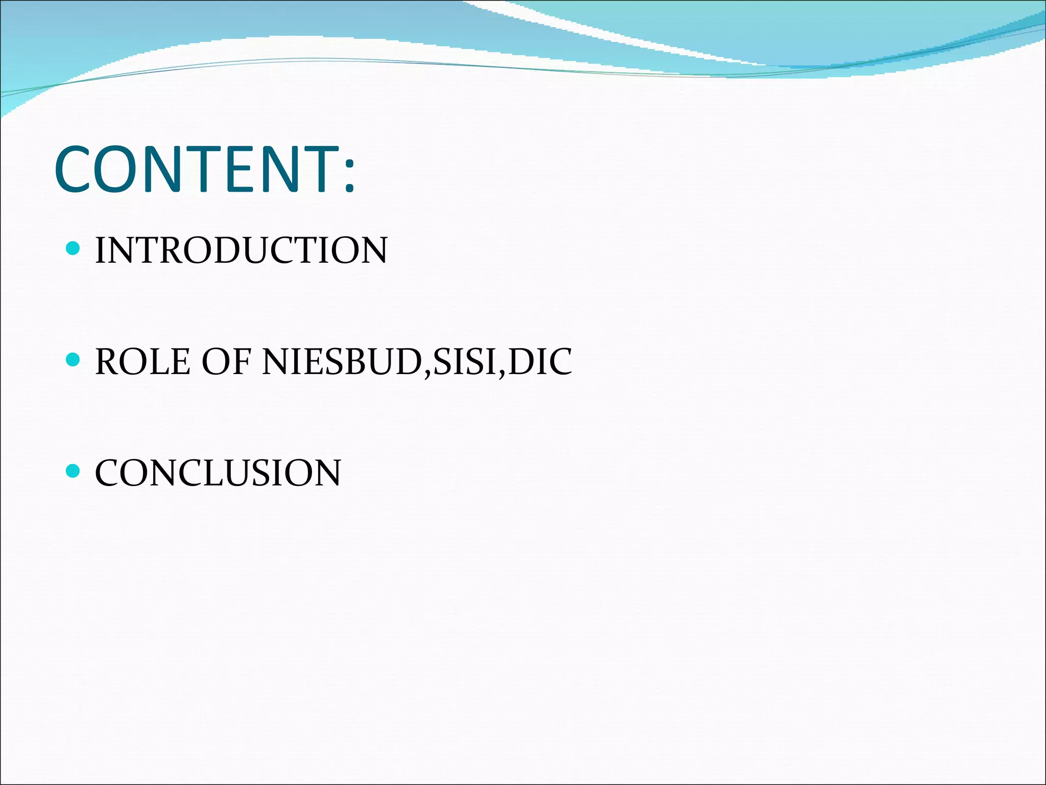 CONTENT: INTRODUCTION ROLE OF NIESBUD,SISI,DIC CONCLUSION 