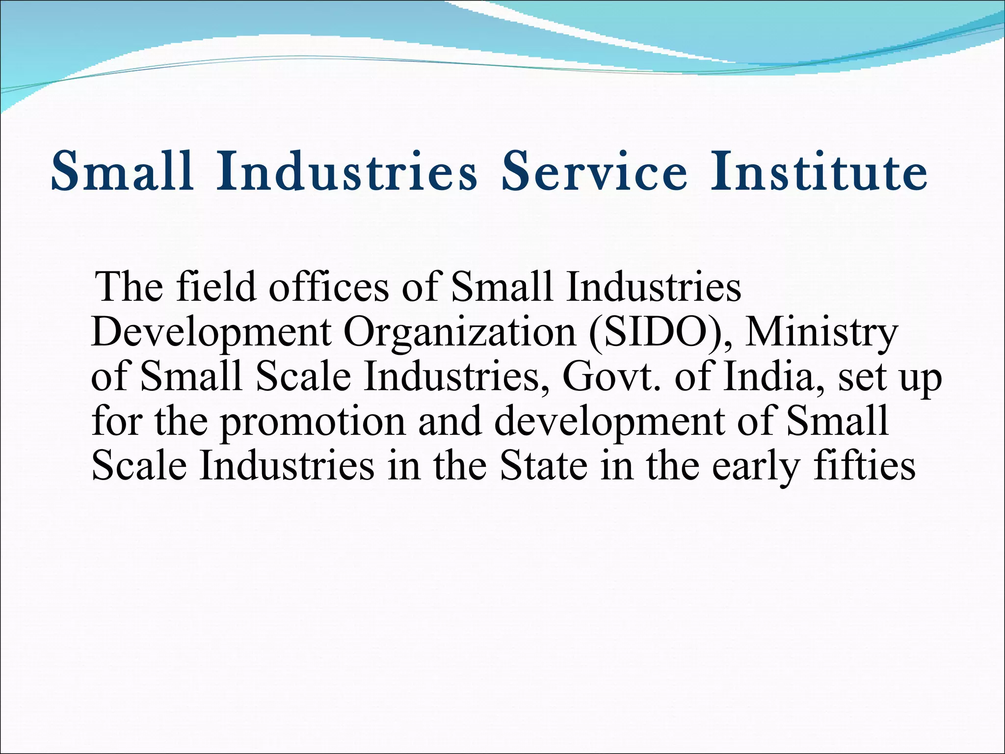Small Industries Service Institute The field offices of Small Industries Development Organization (SIDO), Ministry of Small Scale Industries, Govt. of India, set up for the promotion and development of Small Scale Industries in the State in the early fifties  