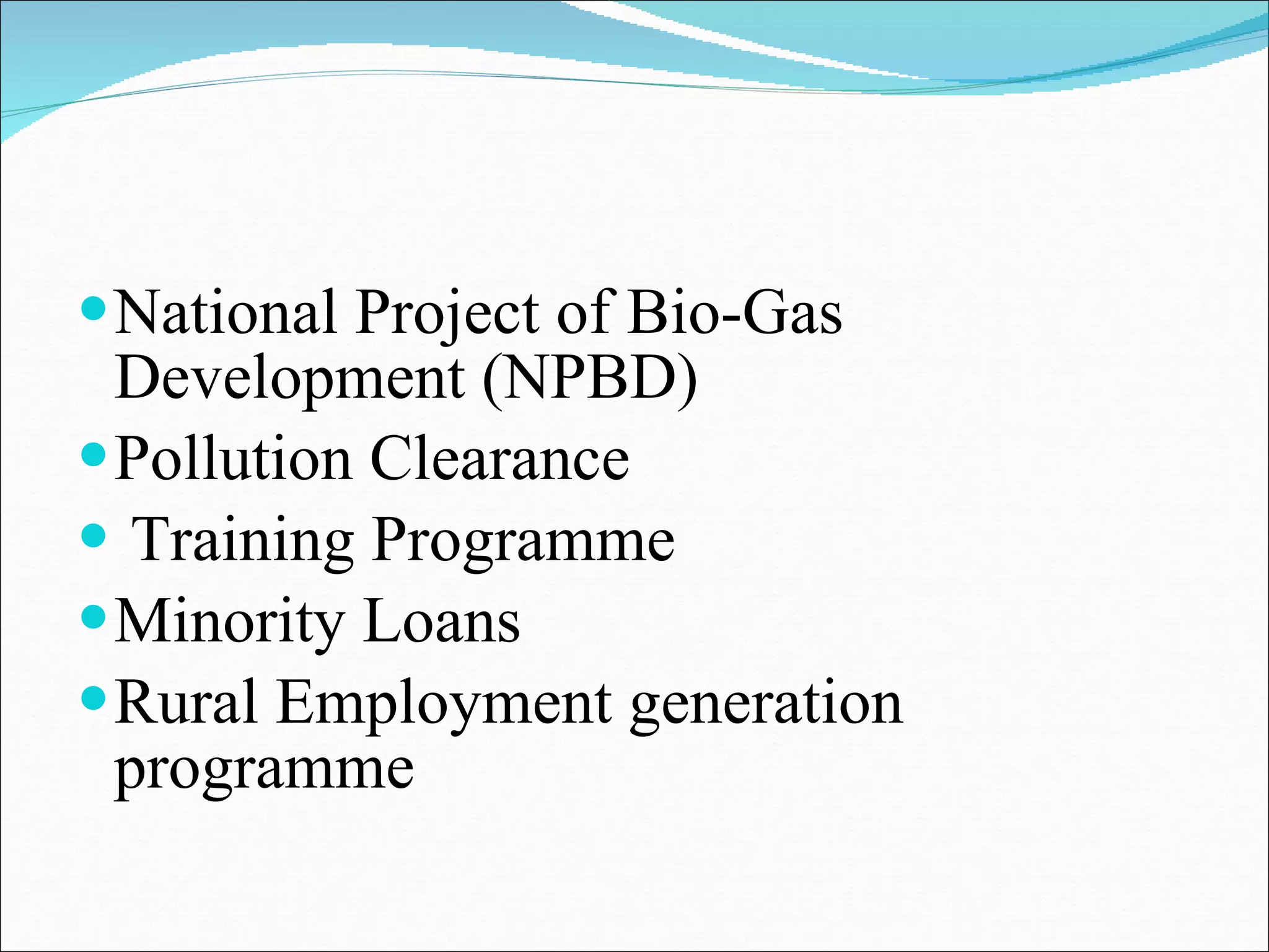 National Project of Bio-Gas Development (NPBD)  Pollution Clearance Training Programme  Minority Loans  Rural Employment generation programme  