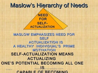 Maslow’s Hierarchy of NeedsMaslow’s Hierarchy of Needs
SELF-SELF-
ACTUALIZATIONACTUALIZATION
NEEDNEED
FORFOR
MASLOW EMPHASIZES NEED FORMASLOW EMPHASIZES NEED FOR
SELFSELF
ACTUALIZATION ISACTUALIZATION IS
A HEALTHY INDIVIDUAL’S PRIMEA HEALTHY INDIVIDUAL’S PRIME
MOTIVATIONMOTIVATION
SELF-ACTUALIZATION MEANSSELF-ACTUALIZATION MEANS
ACTUALIZINGACTUALIZING
ONE’S POTENTIAL BECOMING ALL ONEONE’S POTENTIAL BECOMING ALL ONE
ISISBENAZIR BHUTTO SHAHEED YOUTH
DEVELOPMENT PROGRAM
07/08/14
 