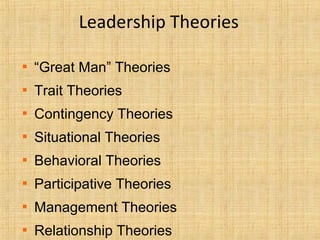 Leadership Theories

“Great Man” Theories

Trait Theories

Contingency Theories

Situational Theories

Behavioral Theories

Participative Theories

Management Theories

Relationship Theories
 