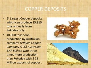 COPPER DEPOSITS
• 5th
Largest Copper deposits
which can produce 15,810
tons annually from
Rekodek only.
• 40,000 tons soon
production by Australian
company Tethyan Copper
Company (TCC) Australian
BHP Billiton with three
times more production
than Rekodek with $ 75
Million exports of copper .
 