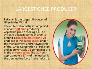 LARGEST GHEE PRODUCER
Pakistan is the Largest Producer of
Ghee in the World.
The edible oil industry is comprised
of about 100 mills producing
vegetable ghee / cooking oil. The
installed capacity of these units is
around 1.8 million metric tons. 24
units are in the public sector under
the management and/or ownership
of the. Ghee Corporation of Pakistan
and approximately 76 companies are
in the private sector. The GCP with
approximately 37 % of the market is
the dominating force in the industry.
 